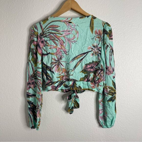 Oneill Top Floral Mint Tropical Tie Front Crop Long Sleeve Size Small - Picture 6 of 6